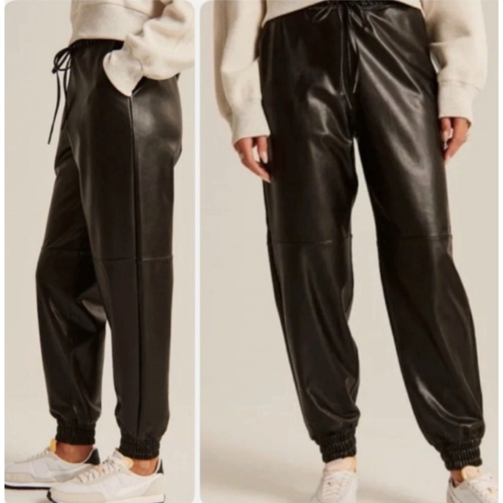 Abercrombie & Fitch Vegan Leather Jogger Pants Womens L Black Streetwear Grunge